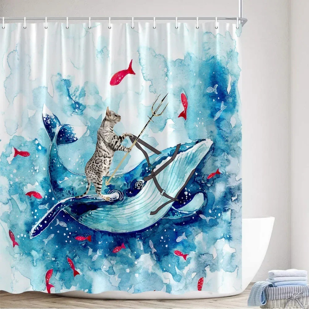 YL-37762 Shower curtain with funny cat design, waterproof digital print, bathroom moisture-proof partition curtain.