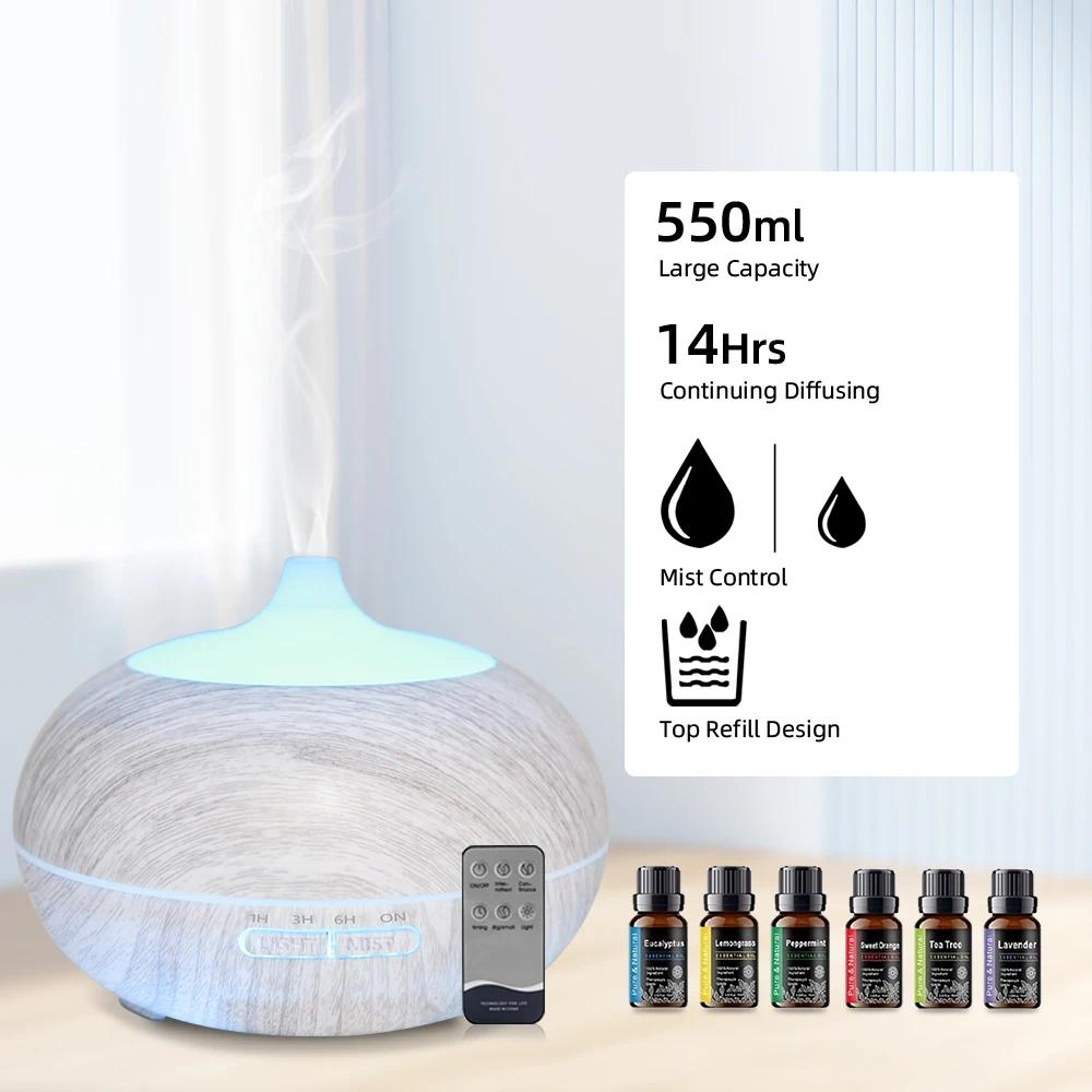 Relaxing Aromatherapy Diffuser for Home Office 550ml, Remote Control, 6 Oils, 7 LED Colors
