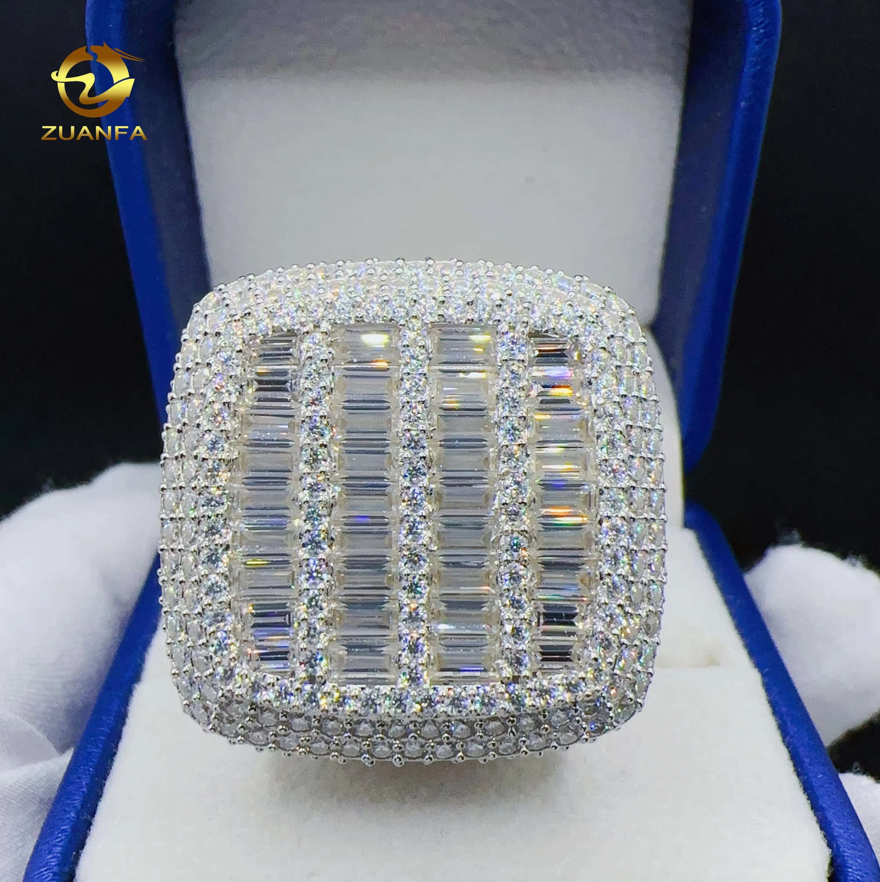 Baguette VVS Moissanite Diamond Big Square Design Ring Hip Hop 925 Sterling Silver Ring for Iced Out Fashion Jewelry