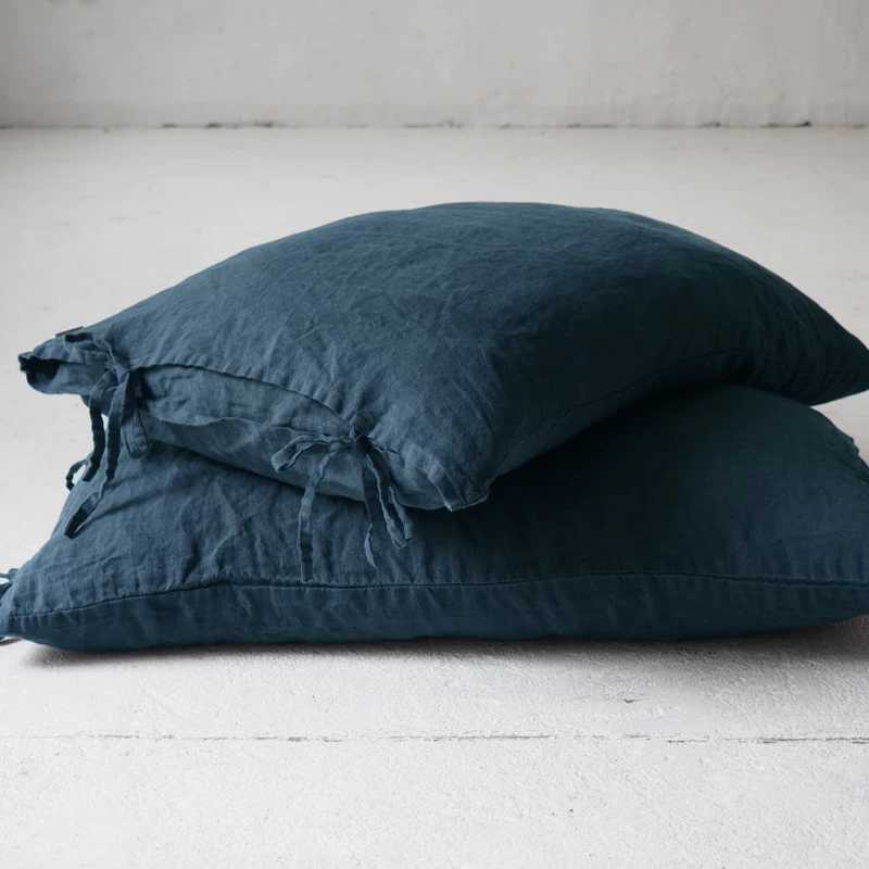 Pillow Case Solid Color Pure Linen Throw Case Euro Sham for BedCustom Size Bowknot Cushion Cover Decoration caseDark Blue C251120