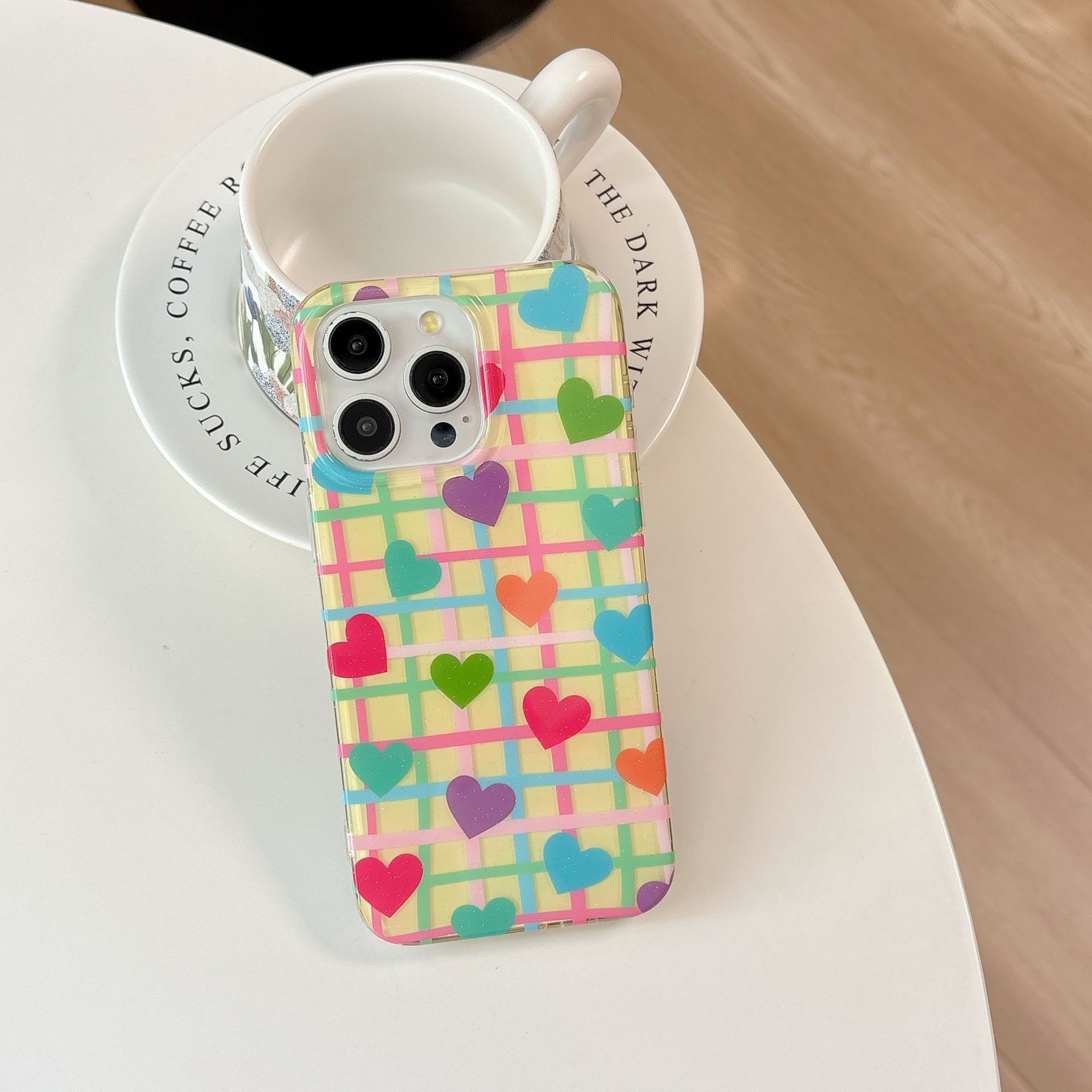 Colorful Plaid Flower Heart Phone Case Suitable iPhone 16/15 Pro Max INS Half Cover for iPhone 14/13 Pro