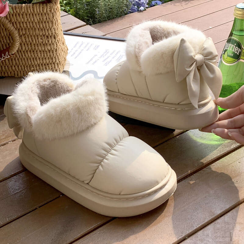 Bowknot Slippers for Women Winter Heel Cover Fleece Lined Cotton Shoes 2023 New Ins Style Girl's Warm Thick Sole Outdoor Wear