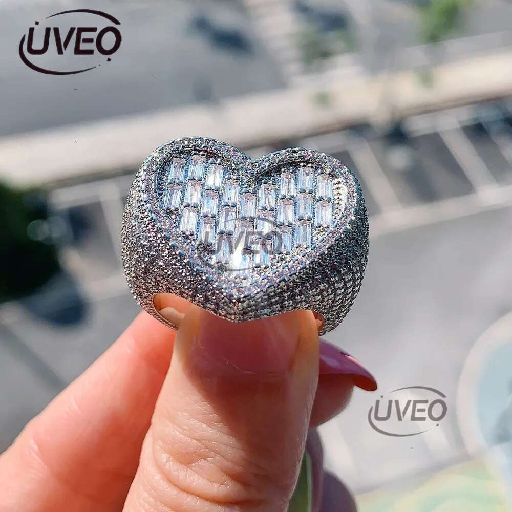 Big Heart Shaped moissanite Dia 14k gold Full Paved White Baguette CZ Iced Out Bg Square Cubic Zircon Fashion Lover Jewelry Sier Ring for Women Men