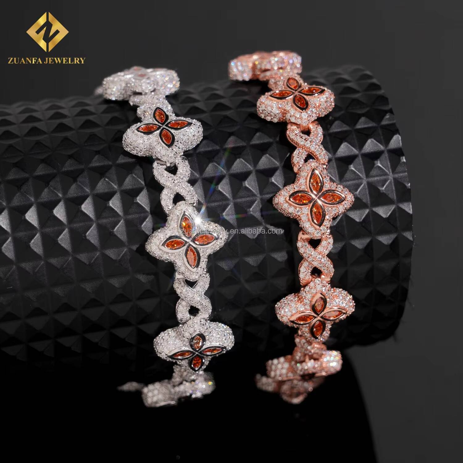 Fashion Style Unique Design Iced Out Hip Hop Jewelry S925 Silver Orange Moissanite Diamond Cleef Clover Infinity Cuban Bracelet
