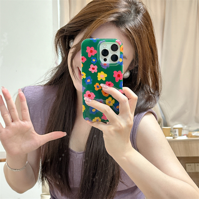 Summer Green Background Colorful Flowers Compatible with iPhone 16 iPhone 15 Pro Max/14/13 Phone Case New Style Personality