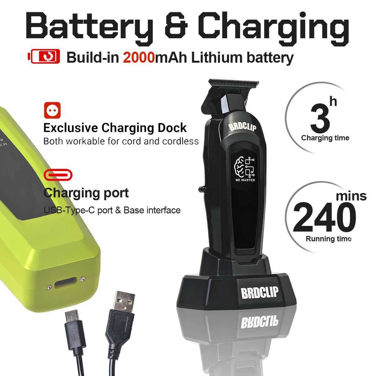 BRDCLIP Professional Mens Hair Clipper 8800RPM 4500mAh 8000RPM Electric Trimmer 10000RPM Shaver DLC Blade with Charging BaseT251120