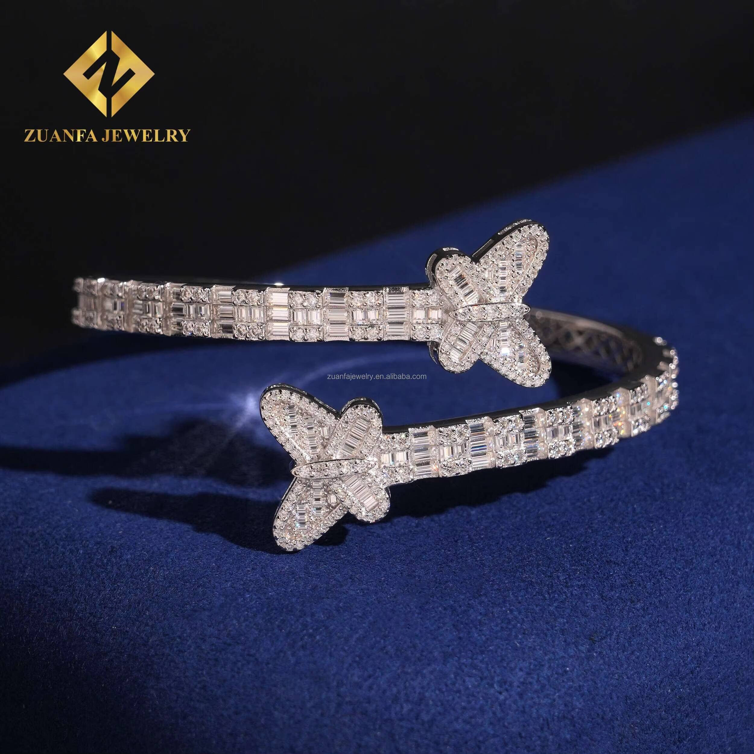 Fashion Drop Shipping Butterfly Rapper Jewelry Luxury Iced Out Hip Hop S925 Silver Baguette Moissanite Diamond Bangle Bracelet