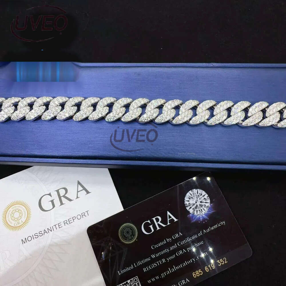 12mm Width Fashion Wholesale Price Sterg S Sier Iced Out Vvs Moissanite Dia Fine Hip Hop Jewelry Cuban k Chain Bracelet Men for Women