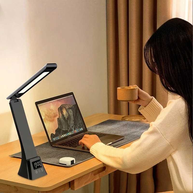 Multifunction LED Desk Lamp with Wireless Charger Digital Clock Al USB 3 Colors Dimmable Study Light for Office Bedroom M251120