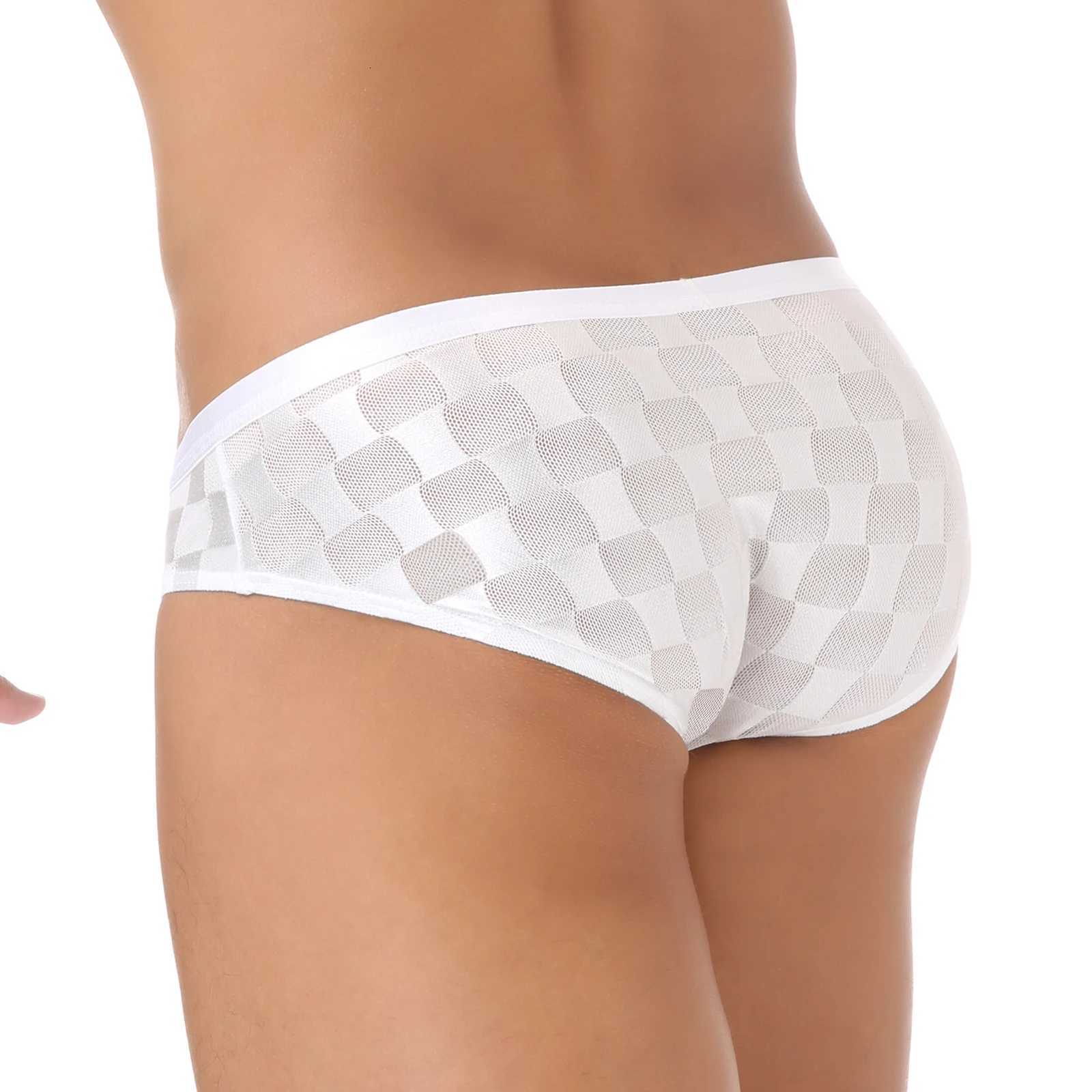 Sexy Mens Underwear Briefs Man Underpants Mesh Sheer Panties Bikini Ultra-thin Slips hombre Transparent Checkered BriefW251120