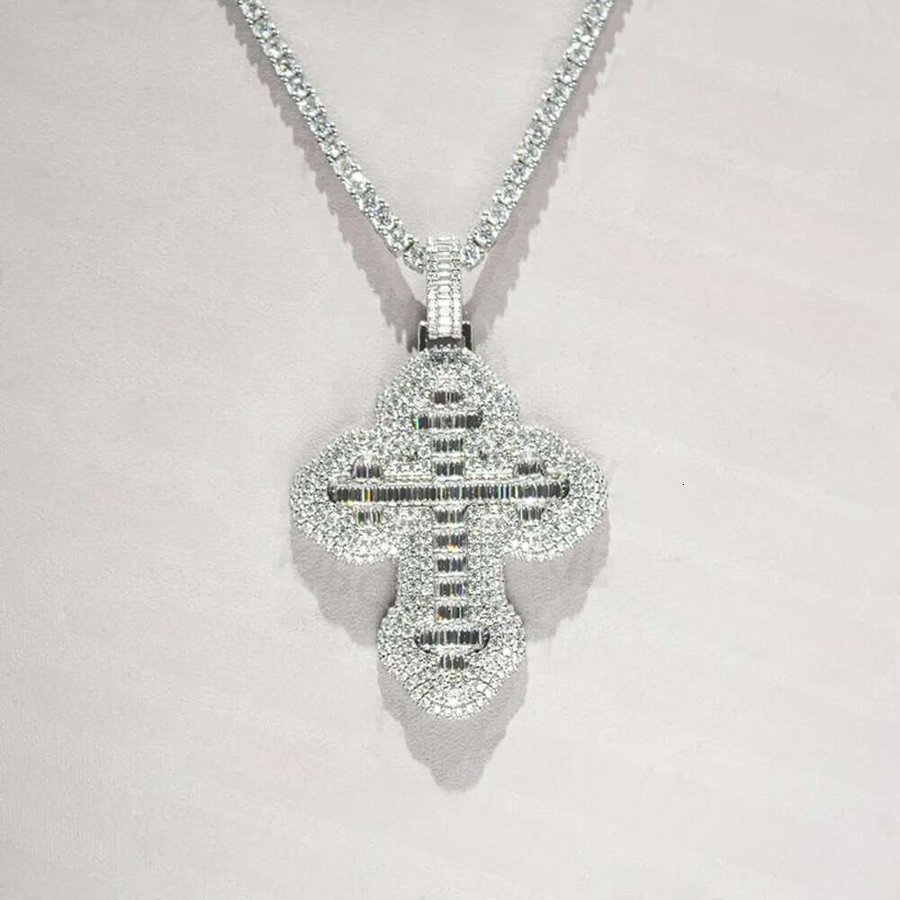Christmas Gift Hiphop Iced Out Baguette & Round VVS Moissanite Cross Pendant And Chain Necklace For Men Jewelry