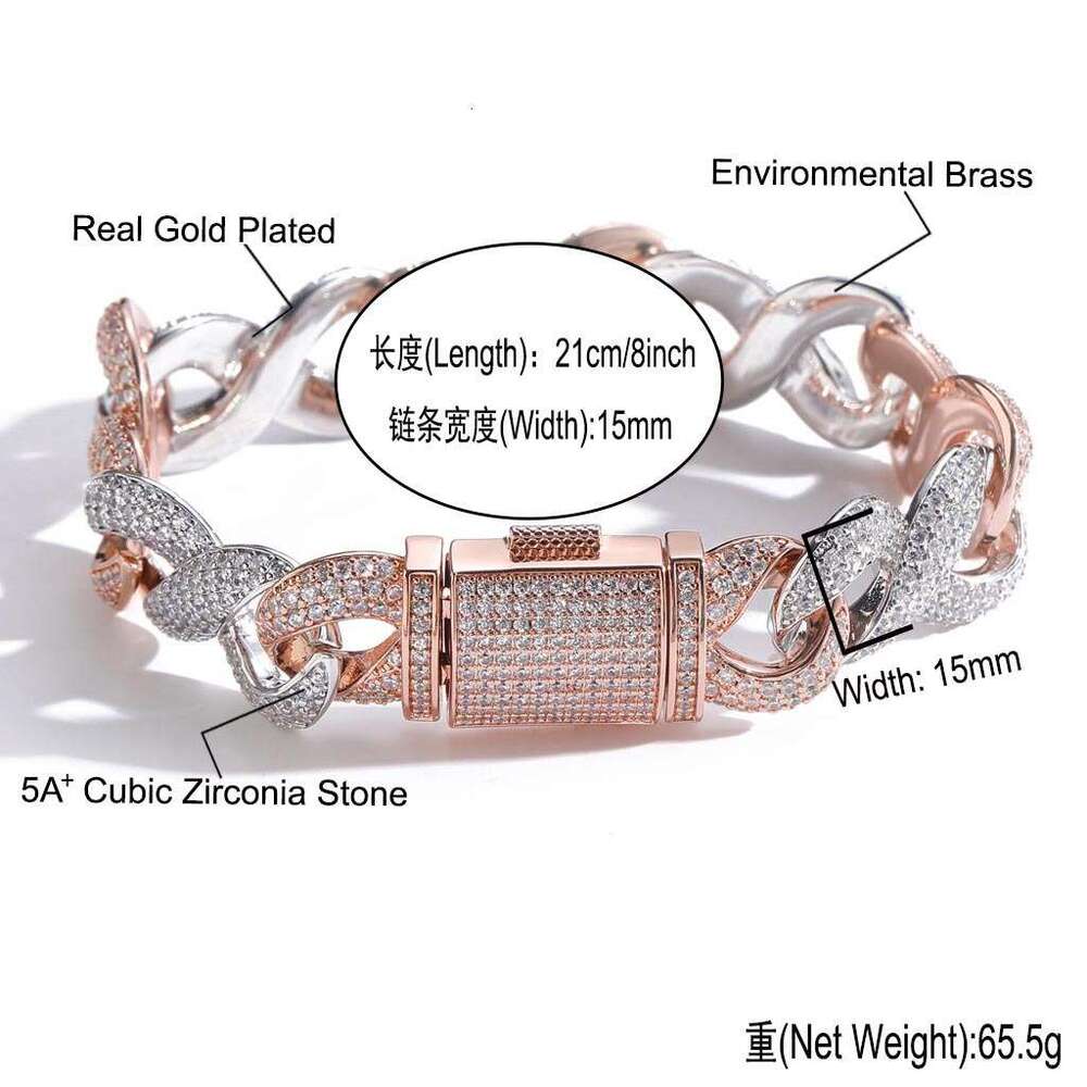 Luxury designer 15mm 8-figure Cuban Chain Rose Gold two-tone Hip Hop Ice Out VVS Moissanite Necklace Bracelet with free shipping