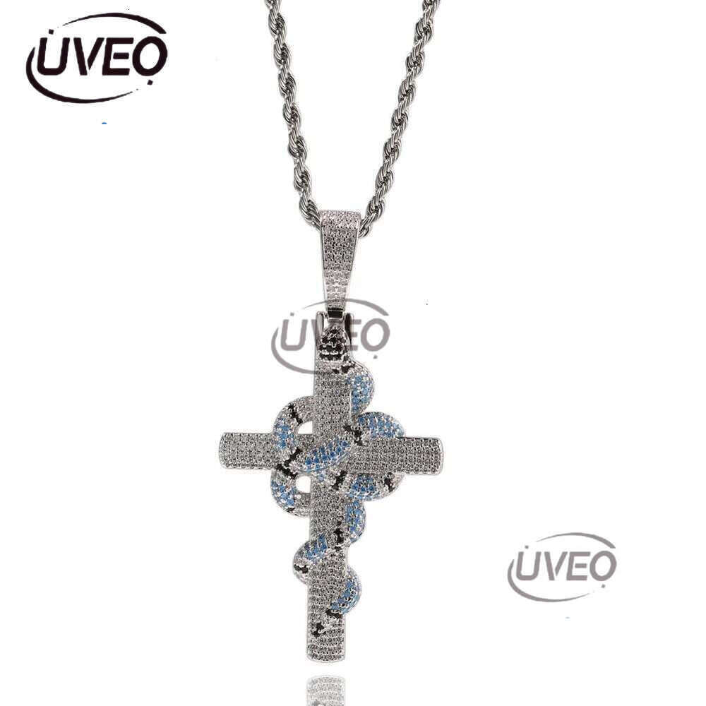 Luxury designer Ice Out VVS Moissanite Cross Necklace Retro Snake Pendant Hip Hop Necklace Jewelry for Stylish Men Free shipping