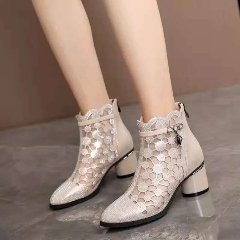 Women's Airy Mesh Breathable with Western Denim Mid Sleeves Square Toe Thick Heel Versatile Short Boots