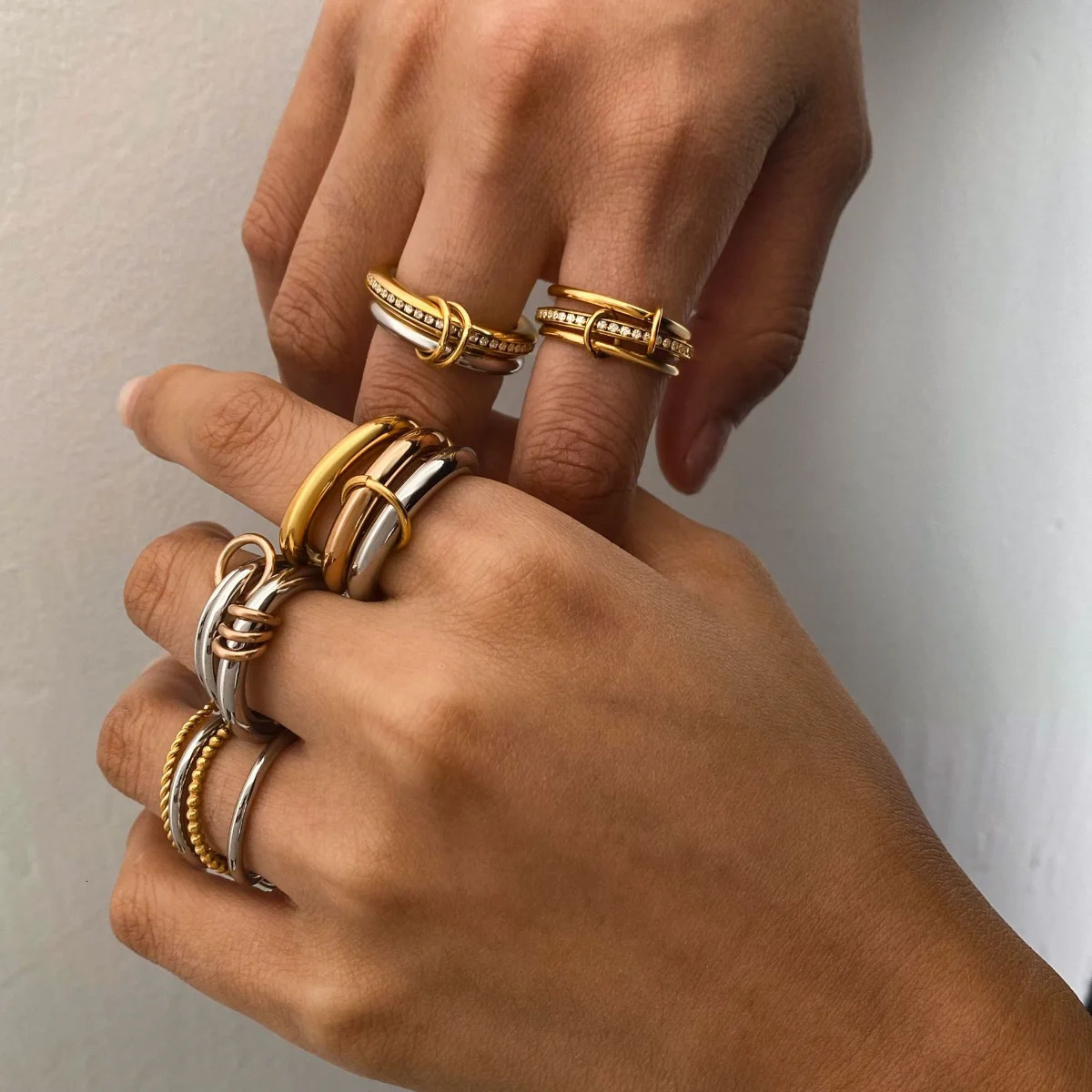 Punk Gold silver Mix Color Stackable Rings Non Tarnish 18k Gold Plated Multi -link Connected CZ Zircon Ring Set Dainty Jewelry 250417