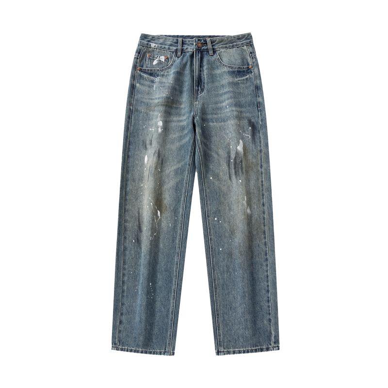 American high street paint splash-ink loose straight jeans for a cool and versatile guy---C011