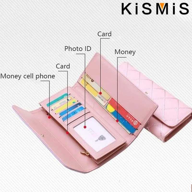 KISMIS Wallets for Women Cute Pink Pocket Womens Wallets Purses Plaid PU Leather Long Wallet Hasp Phone Bag Money Coin Pocket CaW251120