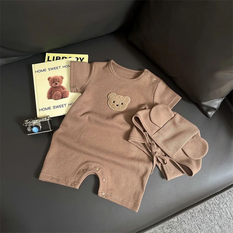 K709 Summer baby clothing set with hat fashionable for toddlers cute bear short sleeves waffle jumpsuit baby boy jumpsuit