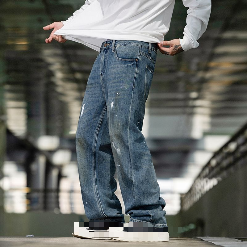 American high street paint splash-ink loose straight jeans for a cool and versatile guy---C011