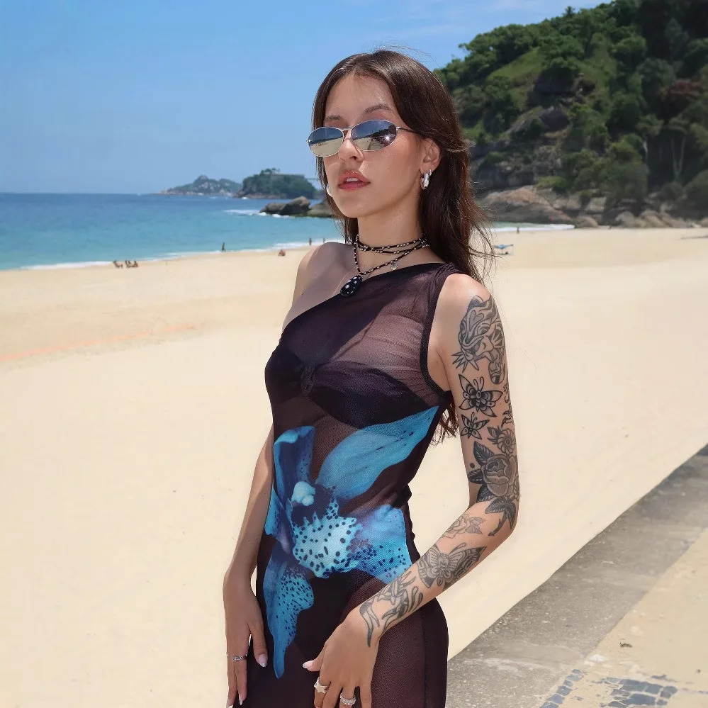 Womens Clothing Summer Slim One Shoulder Sleeveless Printed Perspective Contrast Color Dress Elegant Party 250420