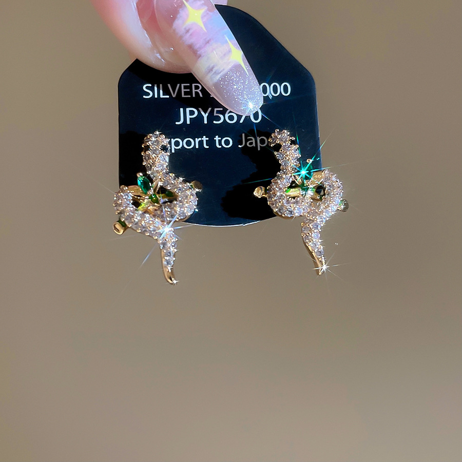 14K Real Gold Plated Silver Needle Oil Drop Zircon Snake Light Luxury High-end Earrings Design Sense Niche Ear Jewelry - view 7