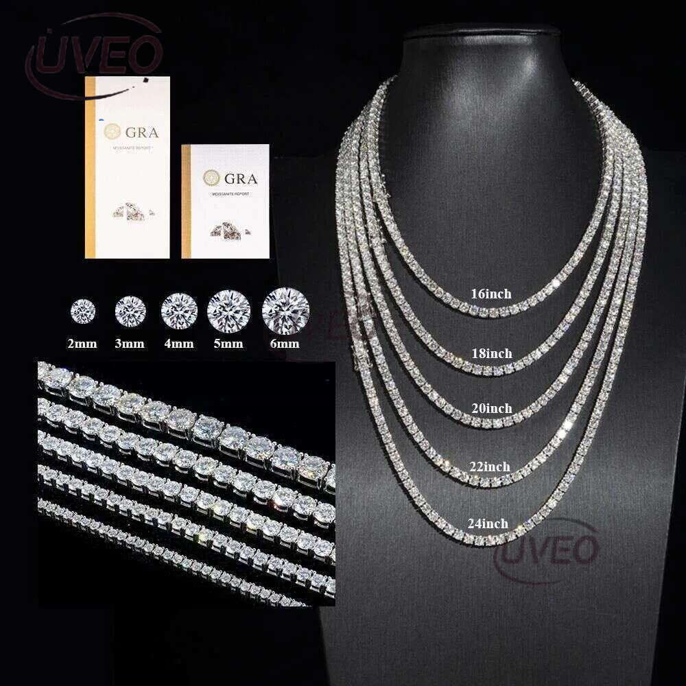 Real sterg sier Hip Hop Moissanite Jewelry Iced Out VVS1 D Color Mossanite Dia Necklace 4mm Tennis Gold chain for Women Men