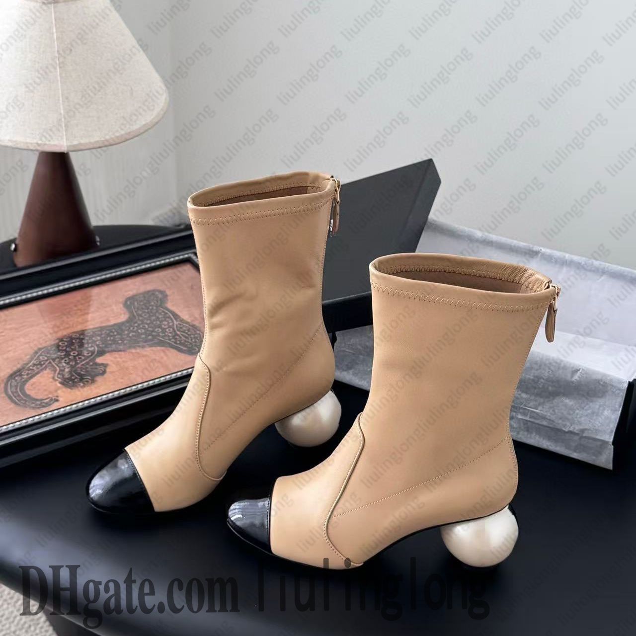 designer Mid Calf Boots Mary Janes TM shoes with Pearl heel zipper boots Fashion square toe Ankle Booties for women luxury designer shoes factory fashion Rear zipper