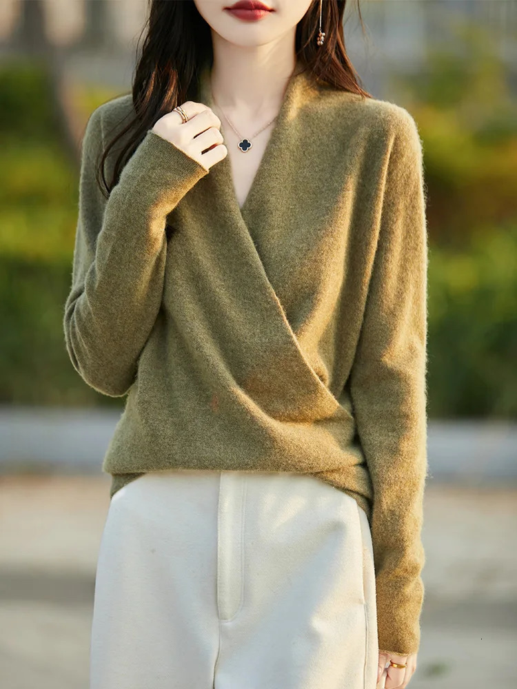 100 Merino Wool Knitwear Womens V-Neck Pullover Sweater Autumn Winter Female Grace Soft Clothes Long Sleeve Warm Fashion Tops 251120