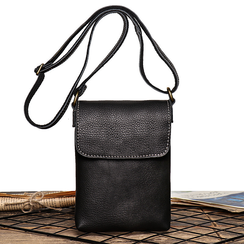 Retro Flip Black Small Shoulder Bag for Men Genuine Leather Sling Crossbody Bags Minority Man Simple Mobile Phone Bag 241128