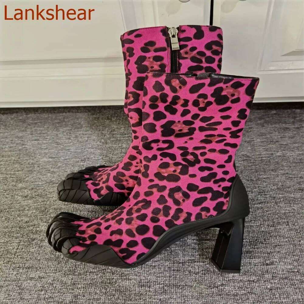 Split Toe Boots Square Heel Modern Side Zipper Mixed Color Mid Calf Fashion Sexy Women Shoes 2024 New Arrivals