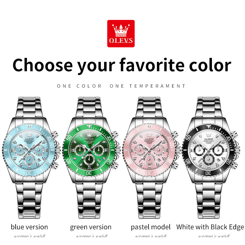 OLEVS Designer Women's Steel Band Multi-functional Green Submariner Quartz Watch Women's Hand Luxury Watch Free Delivery Wholesale