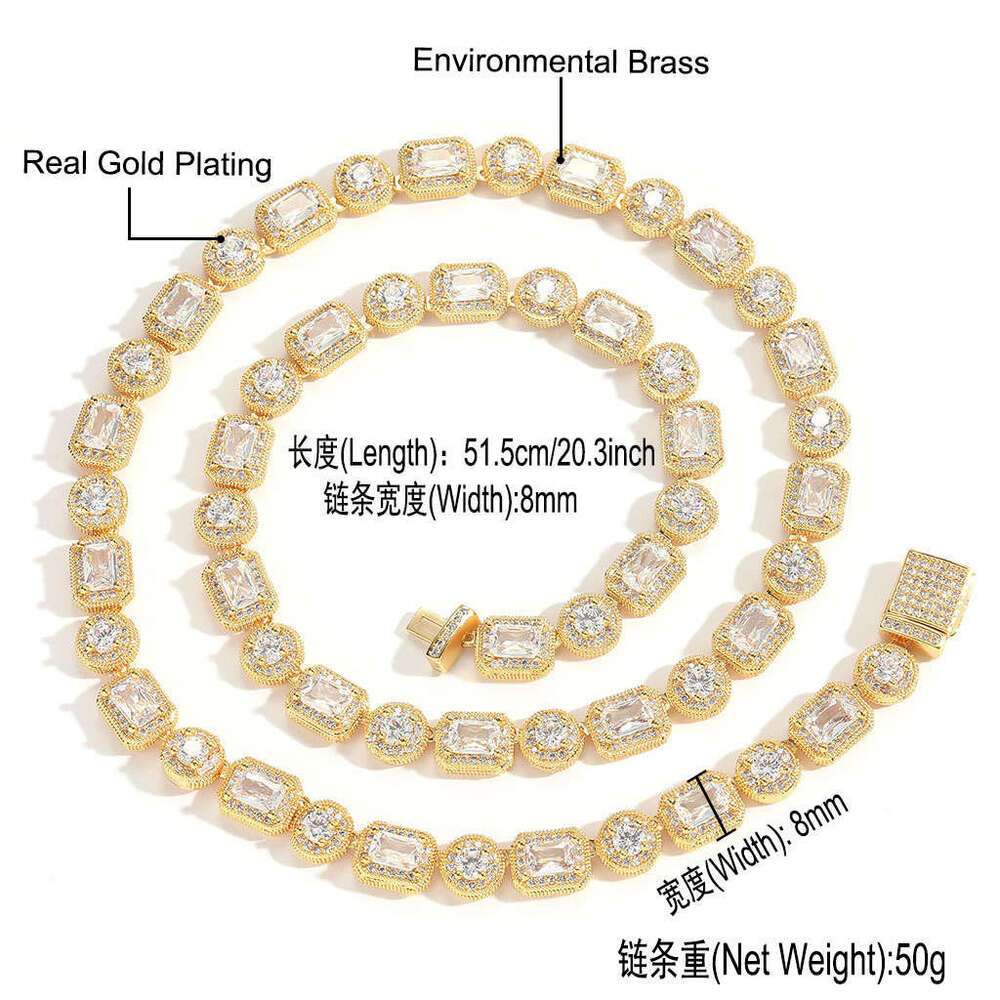 Luxury designer 8mm rock candy chain necklace, T-shaped ice out VVS Moissamite, hip hop necklace bracelet for men and women Free delivery