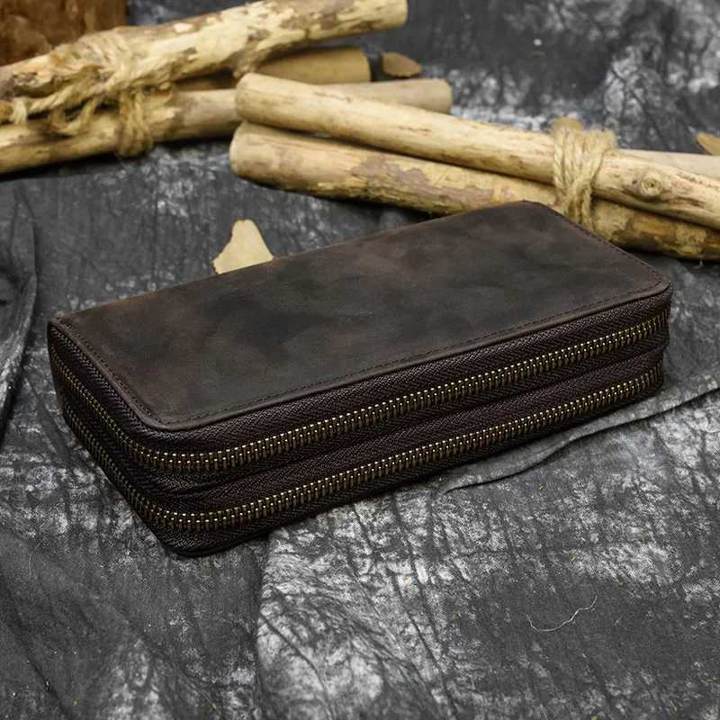 Retro Crazy Horse Leather Wallet Mens Clutch Wallet Double Zipper 24 Card Clutch Retro Womens Genuine Leather Long Wallet W250419