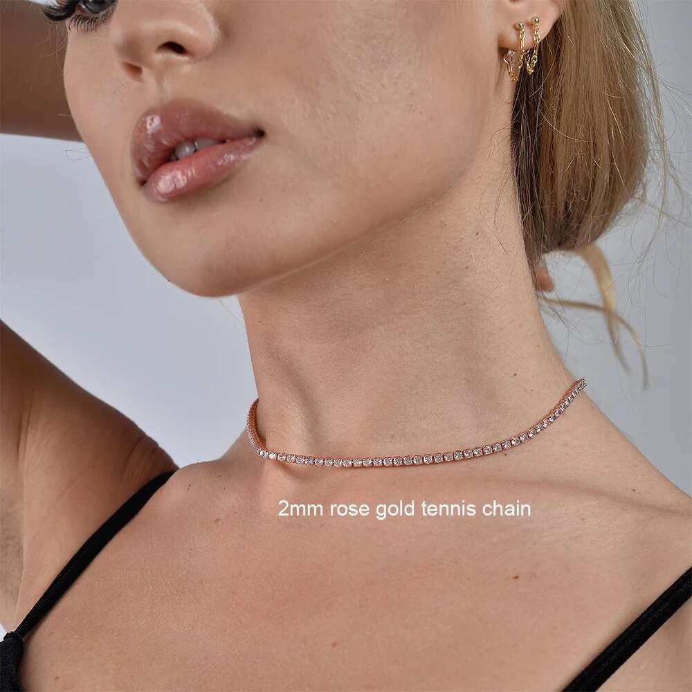 2mm Moissanite Tennis Necklace For Women S Sier Plated Gold Sparking Rhie Choker Chain Wedding Jewelry Adjustable