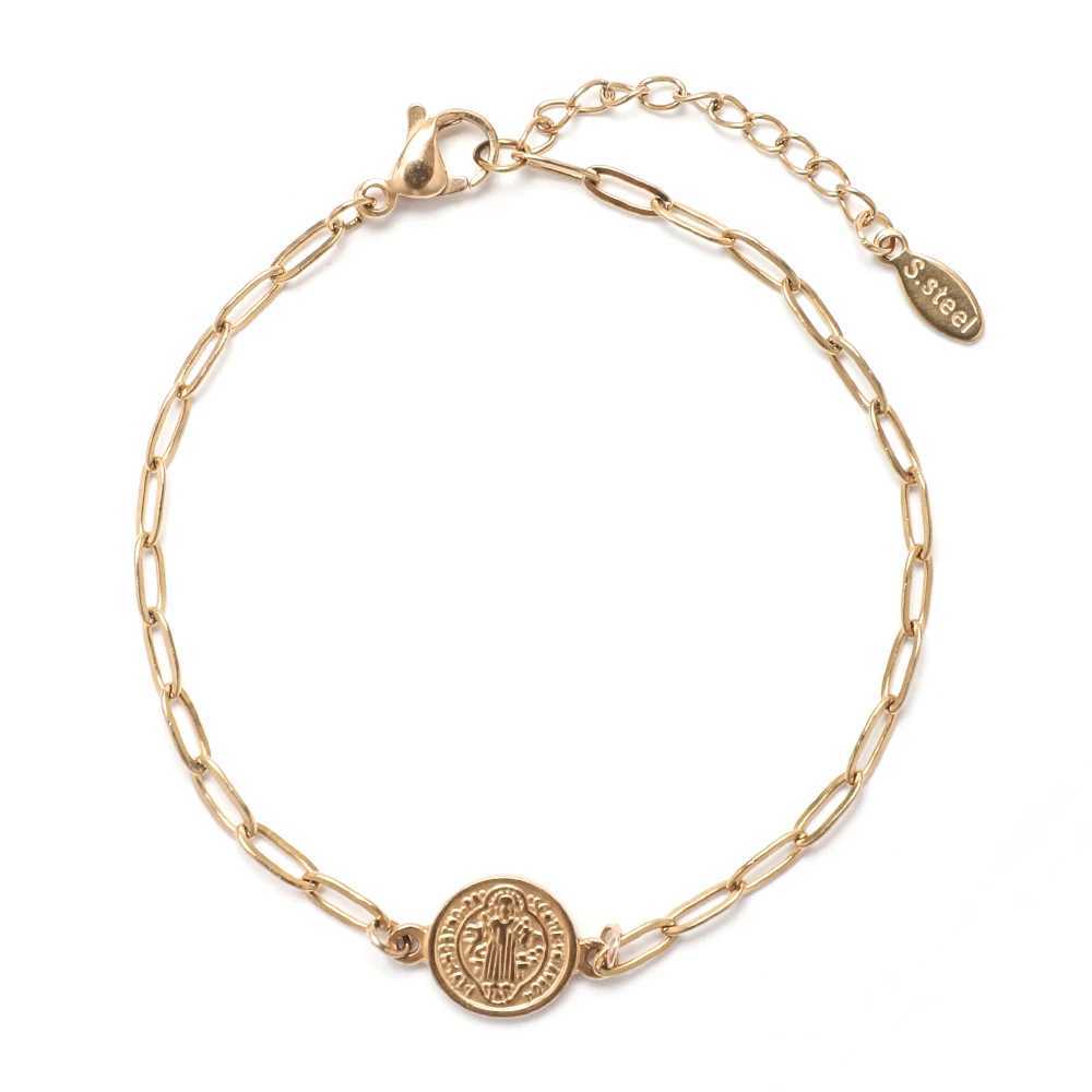 ZMZY Small Catholic Religious Rose Saint Benedict Medal Saint Benito Stainless Steel Bracelet Chain Charm Label Y250420
