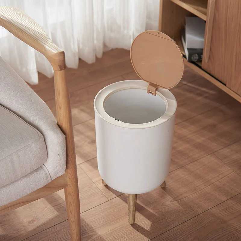 Household Creative Press-Type Living Room Toilet Bathroom High-Leg Imitation Wood Grain Trash Can with Lid C251120