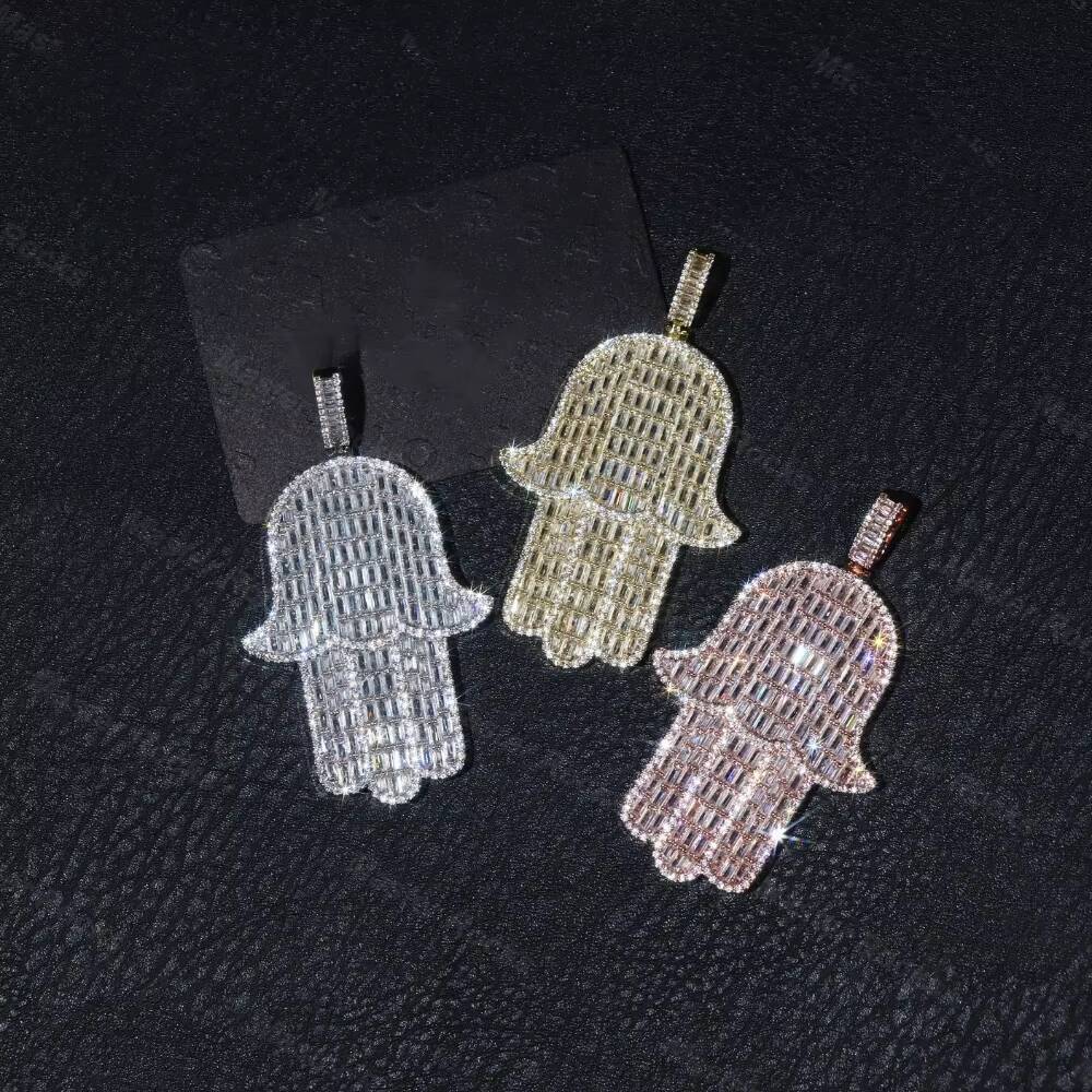 Customized Pendant Hamsa Hand 925 Sterling Silver Hiphop Vvs Baguette Diamond Iced Out Moissanite Pendant