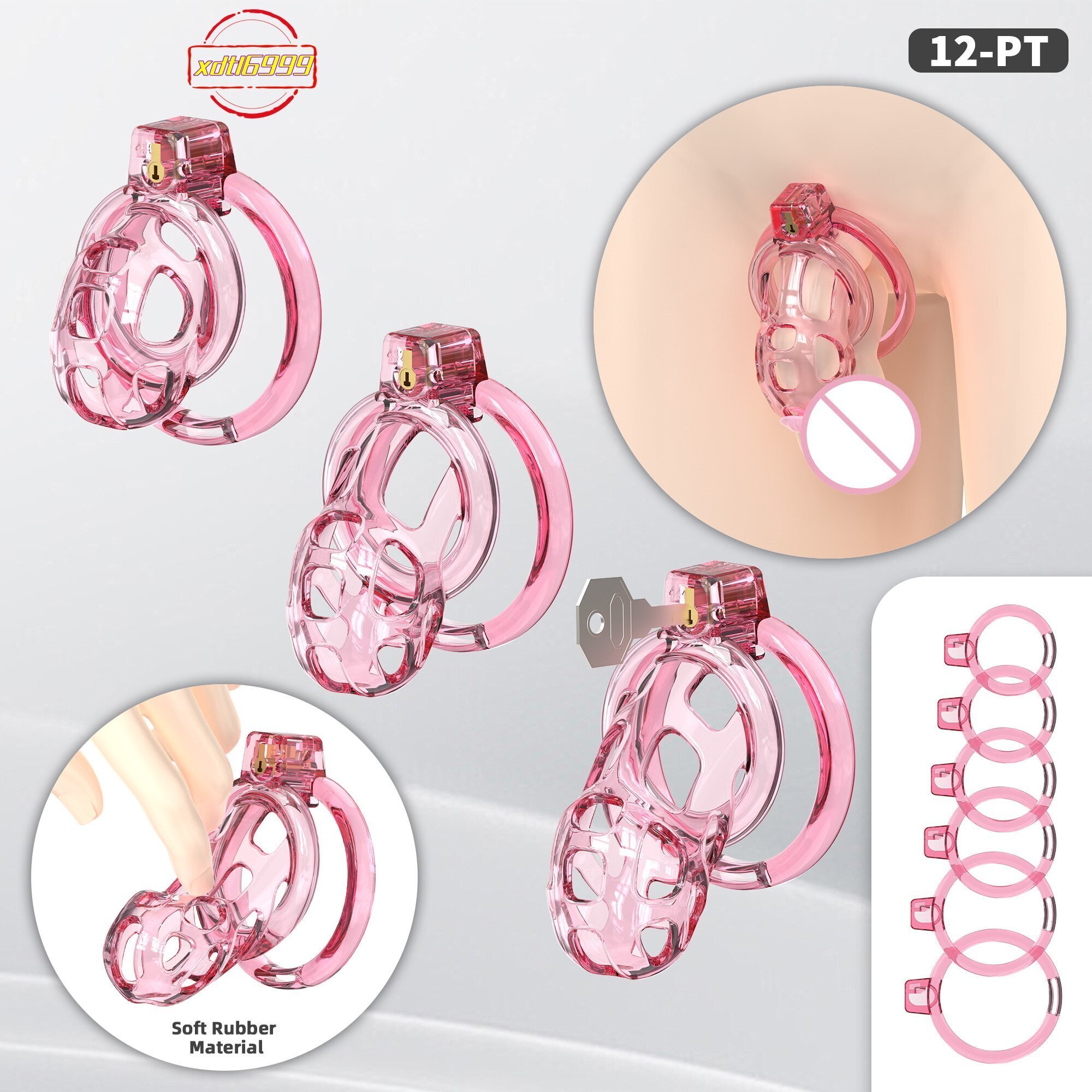YPM Male Cock Cage with a Soft Surface Pearl pink TPE Material Chastity Device with 6 Sizes Rings for Sissy Men Bondage