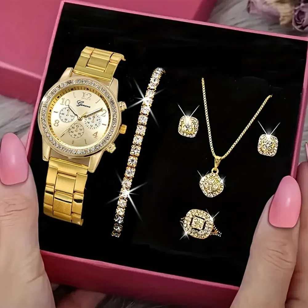 5 PCS Set Gold Watch Women Luxury Ring Necklace Earrings Rhinestone Fashion Wristwatch Female Casual Watches Bracelet SetXJ251120
