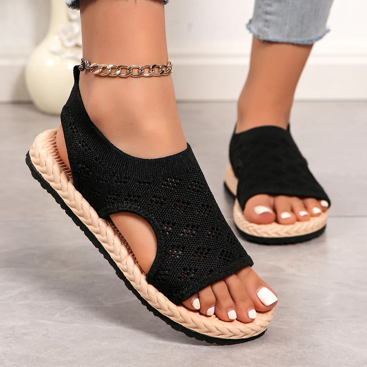 Womens Sandals Summer Flat Bottom Simple and Comfortable Casual Breathable One Step Kick Fish Mouth Sliding Block 250420BJ - view 4