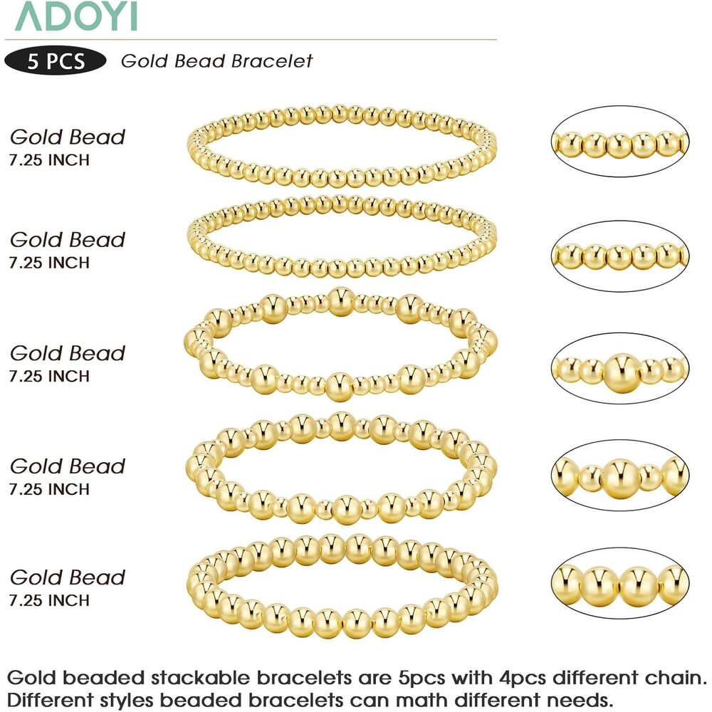 Women, 14K Plated Beaded Bracelets Gold Strand Bead Ball stack Adjustable Bracelet Set Jewelry for Gifts