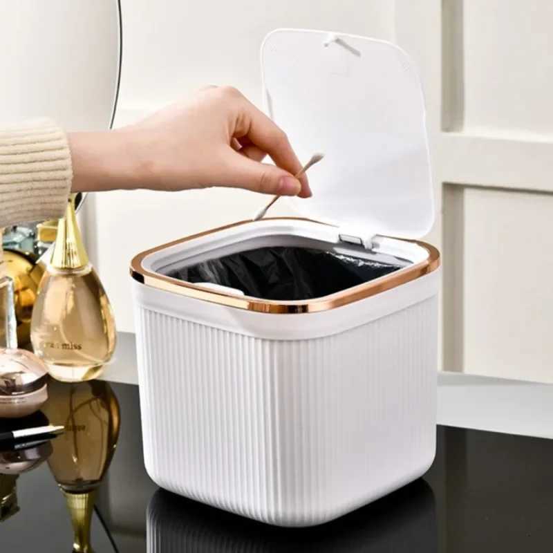 3L Square Press Type Mini Trash Can Quiet Close Elegant Ribbed Design with Golden Accents Plastic Desktop Bin Bathroom Home Use C251120