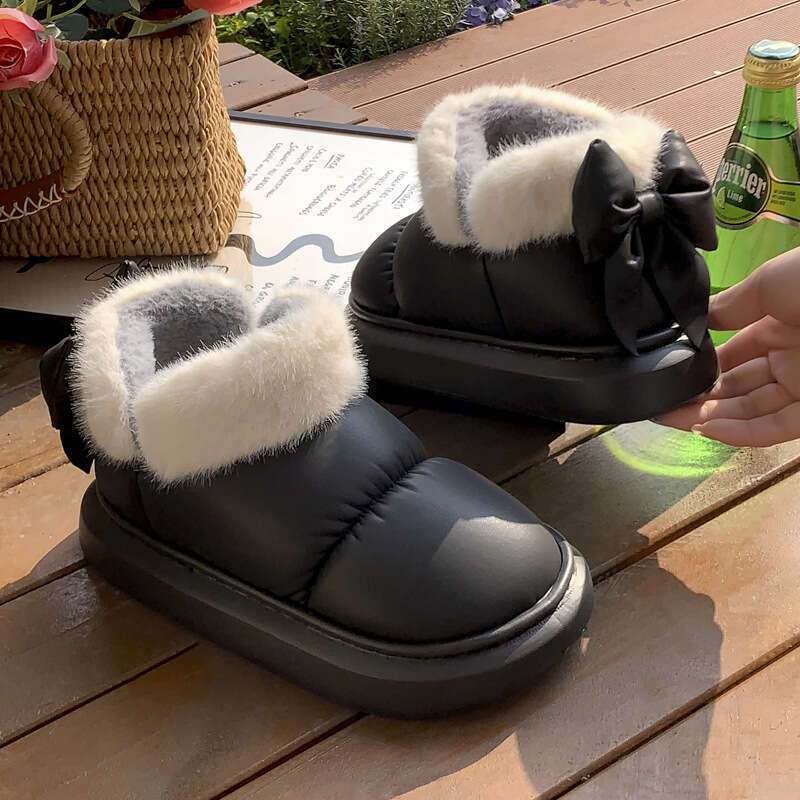 Bowknot Slippers for Women Winter Heel Cover Fleece Lined Cotton Shoes 2023 New Ins Style Girl's Warm Thick Sole Outdoor Wear
