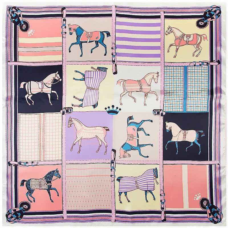 Europe 2022 Spring Lattice horse 9090cm Lmitation Silk Large Square Scarf Womens Accessories Head Scarf Beach Shawl ScarfT251120
