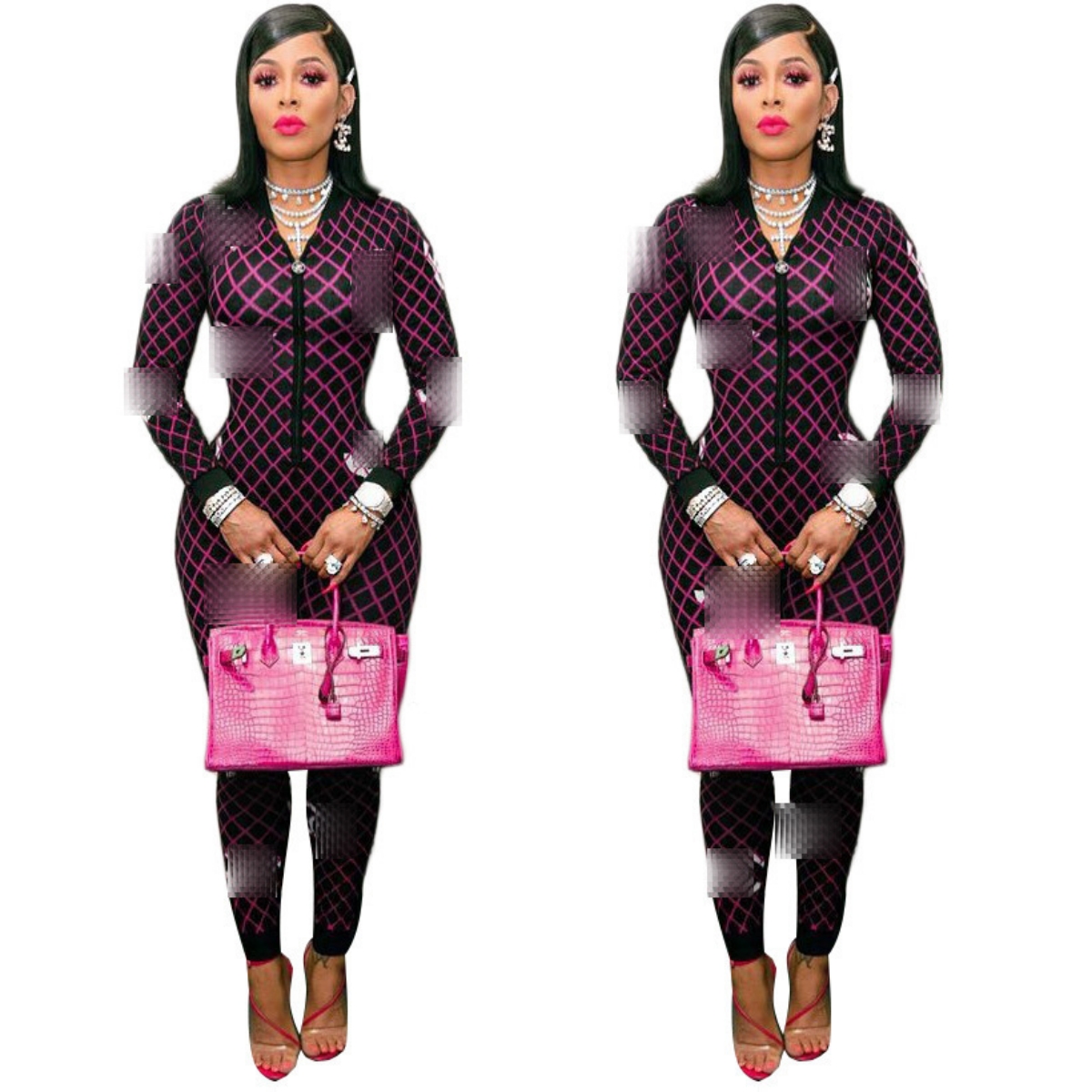 Zipper Tight Jumpsuits Rompers Women Designer Print Slim Long Playsuits Clubwear Free Ship