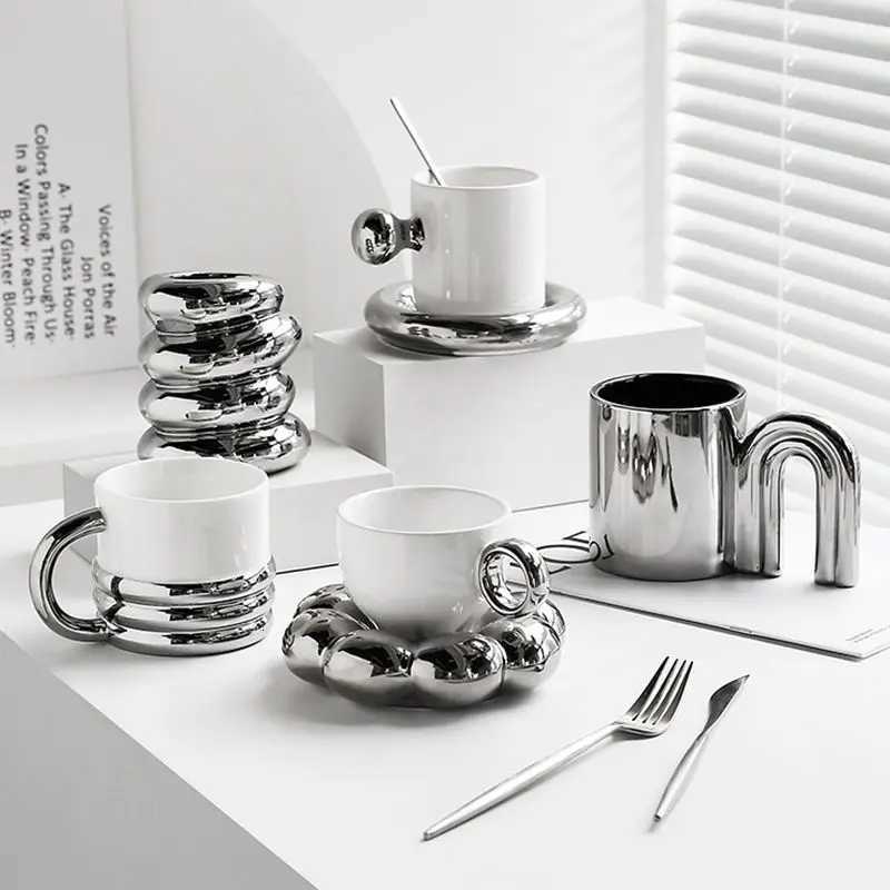 New INS Electroplated Silver Coffee Mugs With Saucer Tea Cup Water Drinking Cups Dessert Dish Breakfast Milk Mug With Tray T260428