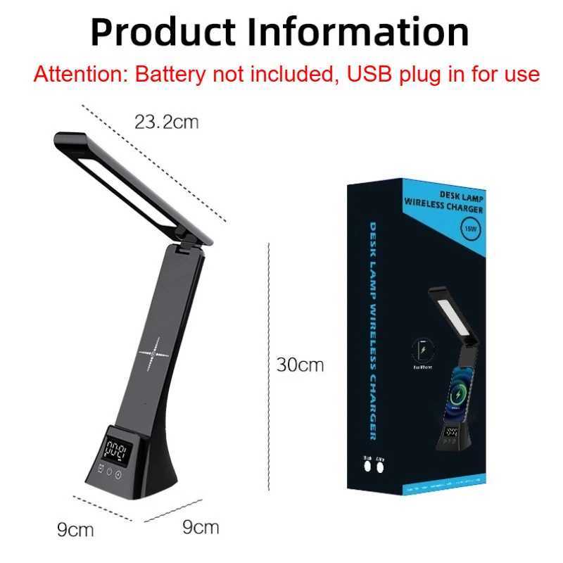 Multifunction LED Desk Lamp with Wireless Charger Digital Clock Al USB 3 Colors Dimmable Study Light for Office Bedroom M251120