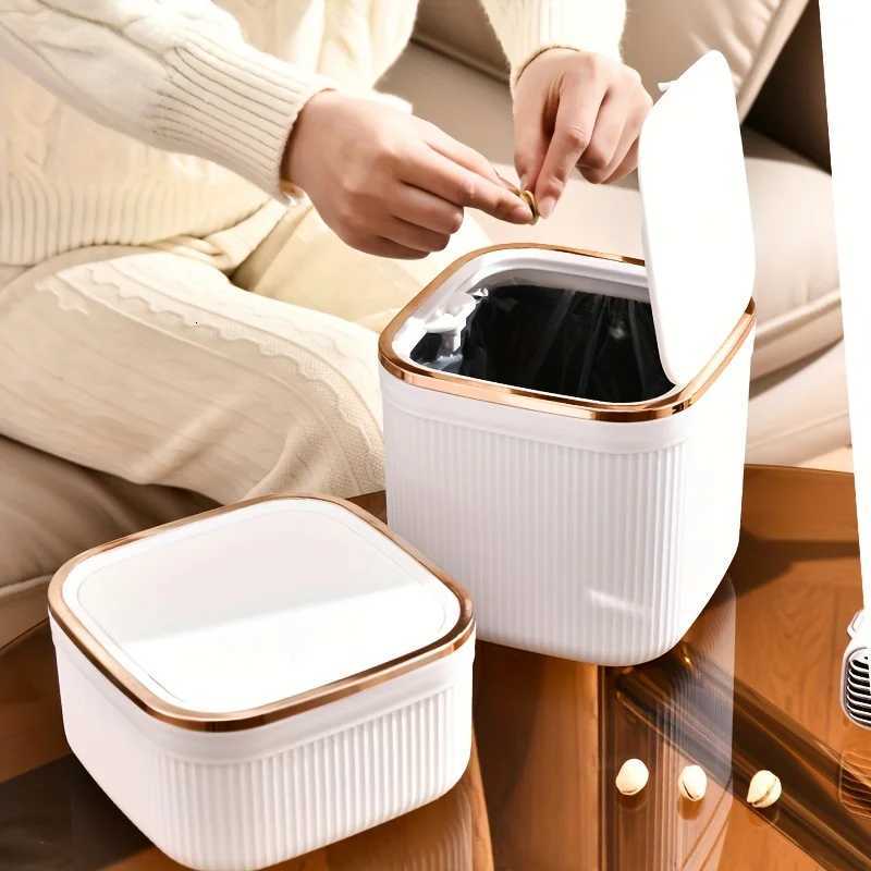 Square Press Type Mini Trash Can Quiet Close Elegant Ribbed Design with Golden Accents Plastic Desktop Bin Bathroom Home Use C251120