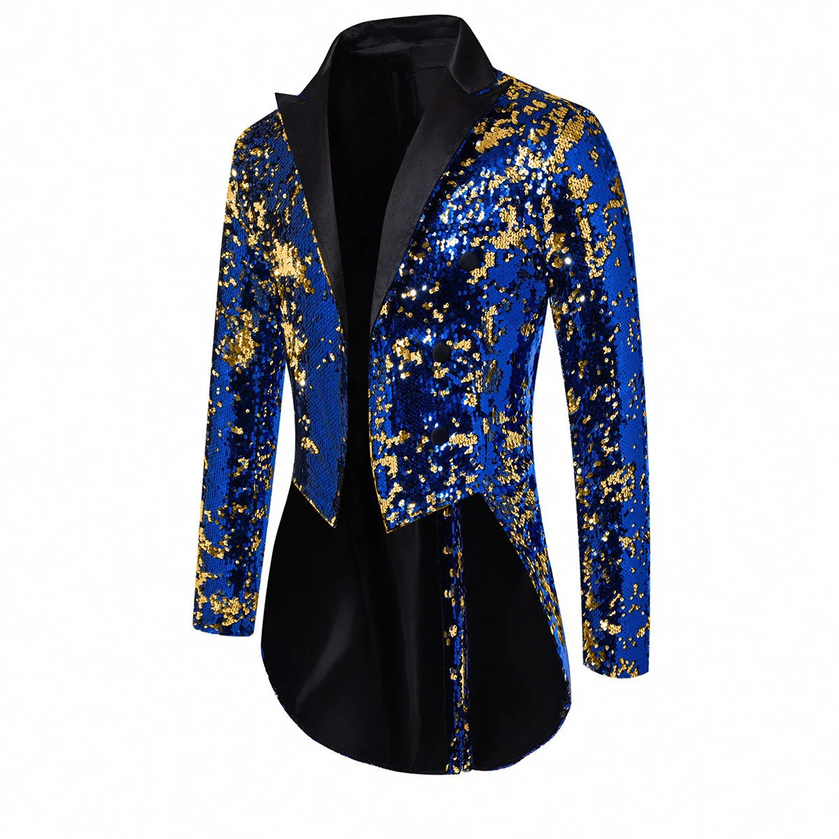 Blue metal shiny sequin tailcoat for men performance party dress jacket fashionable long cardigan wool sweater set red gold Trail Blazer 250418