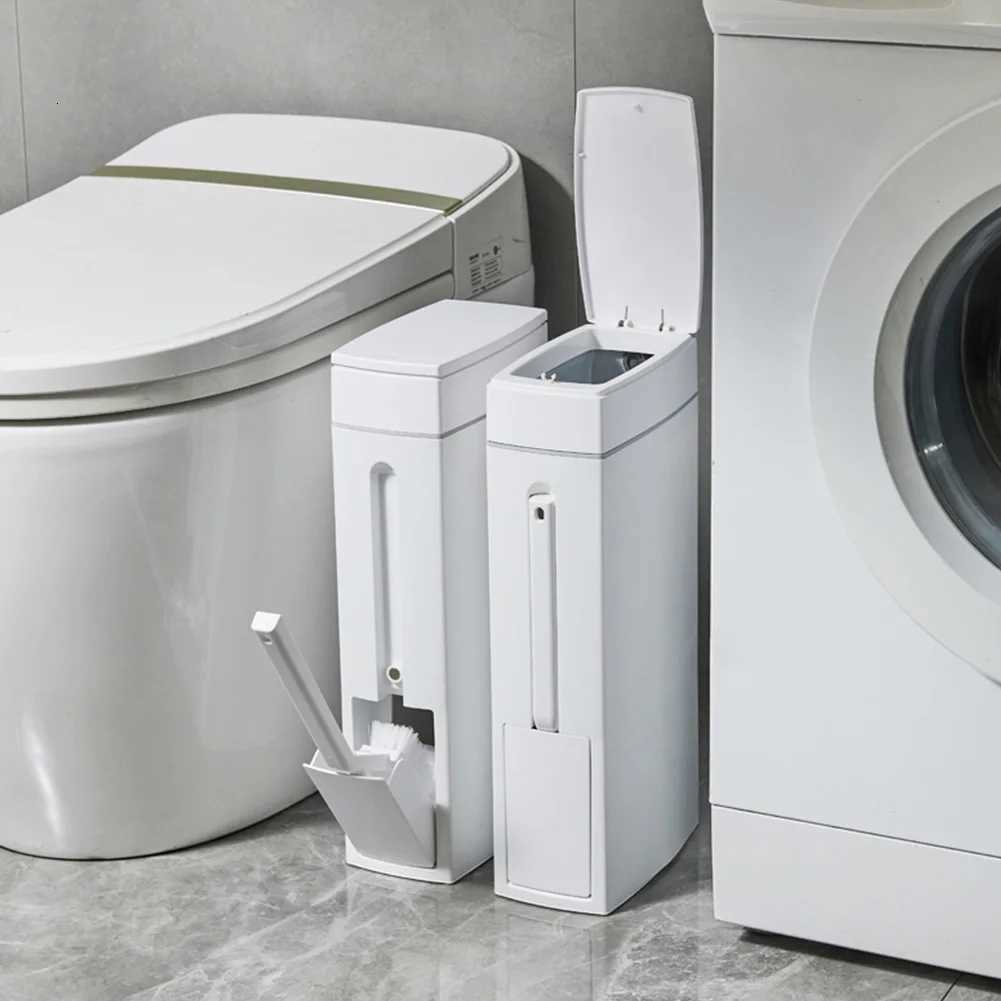 Slim Trash Can with Cleaning Brush and Lid Plastic Waste Basket Bathroom Trash Can for Bathroom Narrow Space C251120